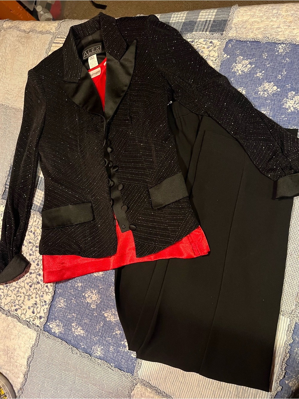 Alex Evenings Black Sparkle Blazer with Red Satin Accents and Black Skirt